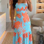 Floral Print Square Neck Adjustable Straps Shirred Back Maxi Dress Casual Cutout Waist Ruffle Hem Vacation Dress