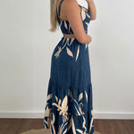 Plants Placement Print Adjustable Straps Cutout Waist Shirred Back Maxi Dress Casual Cinched Waist Ruffle Hem Vacation Dress