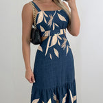 Plants Placement Print Adjustable Straps Cutout Waist Shirred Back Maxi Dress Casual Cinched Waist Ruffle Hem Vacation Dress