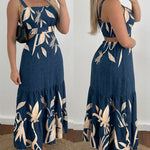 Plants Placement Print Adjustable Straps Cutout Waist Shirred Back Maxi Dress Casual Cinched Waist Ruffle Hem Vacation Dress