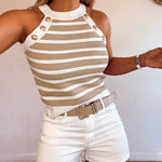 Women's Striped Halter Knit Tank Top Sleeveless Rib-Knit Camisole Gold Button Detail Slim Fit Summer Top