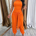 Women's Gold Decor Halter Tie Jumpsuit Sexy Backless Ruched Lantern Overalls Casual Vacation Jumpsuit