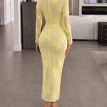 Women's 3D Floral Embroidered Mesh Midi Dress Sexy Sheer Long Sleeve Bodycon Dress Elegant Slit Cocktail Party Gown