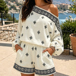 Women's Boho Vintage Print 2-Piece Set Off-Shoulder Lantern Sleeve Top and High-Waisted Shorts Casual Beach Vacation Outfit