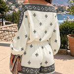 Women's Boho Vintage Print 2-Piece Set Off-Shoulder Lantern Sleeve Top and High-Waisted Shorts Casual Beach Vacation Outfit