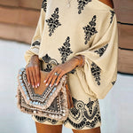 Women's Vintage Print Two-Piece Set Off-Shoulder Batwing Sleeve Top and High-Waisted Shorts Casual Vacation Set
