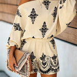 Women's Vintage Print Two-Piece Set Off-Shoulder Batwing Sleeve Top and High-Waisted Shorts Casual Vacation Set