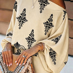 Women's Vintage Print Two-Piece Set Off-Shoulder Batwing Sleeve Top and High-Waisted Shorts Casual Vacation Set