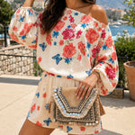 Women's Floral Butterfly Print 2-Piece Set Off-Shoulder Lantern Sleeve Top and High-Waisted Shorts Casual Vacation Outfit
