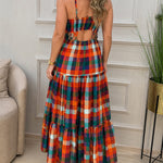 Women's Colorblock Plaid Hollow-out Maxi Dress V Neck Backless Ruffle Cami Dress Casual Shirred Beach Sundress