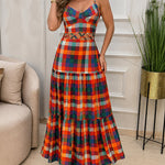 Women's Colorblock Plaid Hollow-out Maxi Dress V Neck Backless Ruffle Cami Dress Casual Shirred Beach Sundress