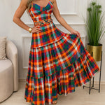 Women's Colorblock Plaid Hollow-out Maxi Dress V Neck Backless Ruffle Cami Dress Casual Shirred Beach Sundress