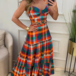 Women's Colorblock Plaid Hollow-out Maxi Dress V Neck Backless Ruffle Cami Dress Casual Shirred Beach Sundress