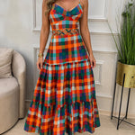 Women's Colorblock Plaid Hollow-out Maxi Dress V Neck Backless Ruffle Cami Dress Casual Shirred Beach Sundress