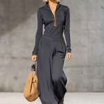 Casual Retro Sports Dark Gray Half-high Collar Front Zipper Long-sleeved Top And Wide Pants Set