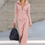 Elegant Retro Sporty V-neck Front Zipper Long-sleeved Pink Maxi Dress