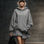 Casual And Fashionable Hooded Elastic Hem Gray Sweatshirt Mini Dress