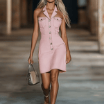 【24-hour shipping out】Fashion Off-The-Shoulder Lapel Front Button Pink Denim Mini Dress