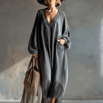 Elegant Silhouette Grey Denim Tassel Long Sleeve Maxi Dress
