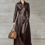 Exquisite Temperament Front Zipper Long Sleeve High-quality Brown Leather Maxi Dress