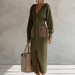 Elegant Olive Green Hooded Narrow Waist Zip-up Sweatshirt Long Sleeve Maxi Dress