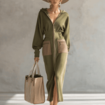 Elegant Olive Green Hooded Narrow Waist Zip-up Sweatshirt Long Sleeve Maxi Dress