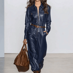 Casual Retro Dark Blue Faux Leather Long-Sleeved Lace-Up Wide-Leg Jumpsuit