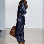 Casual Retro Dark Blue Faux Leather Long-Sleeved Lace-Up Wide-Leg Jumpsuit