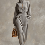 Exquisite Casual Lapel Front Zipper Long Sleeve Light Gray Waffle Fabric Maxi Dress