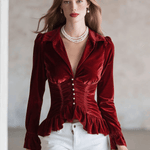 Fashionable Retro Red Velvet Pleated Ruffled Long-sleeved Shirt