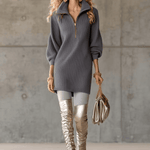 Exquisite Casual Lapel Front Zipper Three-quarter Sleeve Gray Waffle Mini Dress