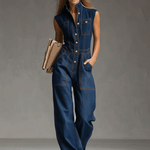 Casual Retro Multi-pocket Topstitching Dark Blue Denim Sleeveless Balloon Jumpsuit