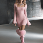 Romantic Square Neck Button Bell Sleeve Pink Seahorse Knit Mini Dress