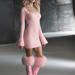 Romantic Square Neck Button Bell Sleeve Pink Seahorse Knit Mini Dress