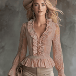 Elegant Pink Chiffon Lace Ruffled Shirt