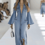 Casual Retro Light Blue Denim Flared Long-Sleeved Wide-Leg Raw Edge Jumpsuit