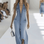 Western Retro Light Blue Denim Sleeveless Raw Edge Wide Leg Zipper Jumpsuit