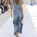 Western Retro Light Blue Denim Sleeveless Raw Edge Wide Leg Zipper Jumpsuit