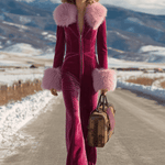 Fashion Retro Rose Red Velvet Faux Fur Collar Long Sleeve Flared Jumpsuit