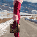 Fashion Retro Rose Red Velvet Faux Fur Collar Long Sleeve Flared Jumpsuit