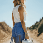 Vintage Washed Raw Edge Tassel Light Blue Denim Culottes