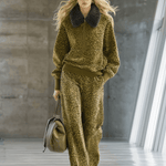 High-end Fashionable Leopard Print Velvet Faux Fur Collar Sweatshirt Wide-leg Pants Suit