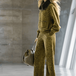 High-end Fashionable Leopard Print Velvet Faux Fur Collar Sweatshirt Wide-leg Pants Suit