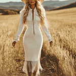 Vintage Western Cowboy Off-White Faux Denim Half-Zip Tassel Long-Sleeved Maxi Dress