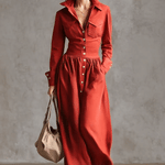 Exquisite Retro Western Lapel Front Button Red Windbreaker Style Cotton And Linen Maxi Dress
