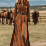 Western Retro Lace-Up Plaid Patchwork Caramel Faux Suede Maxi Dress