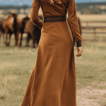 Western Retro Lace-Up Plaid Patchwork Caramel Faux Suede Maxi Dress