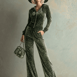 Retro Elegant Green Leopard Print Hooded Velvet Jumpsuit