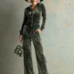 Retro Elegant Green Leopard Print Hooded Velvet Jumpsuit
