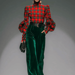 Trendy Retro Plaid Velvet Turtleneck Long-sleeved T-shirt And Wide-leg Pants Set